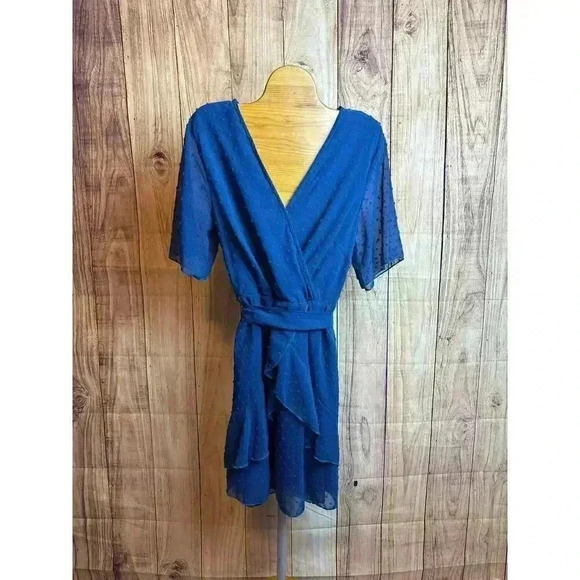 Swiss Dot Faux Wrap Dress with Lining Deep Blue Size S - Picture 2 of 12